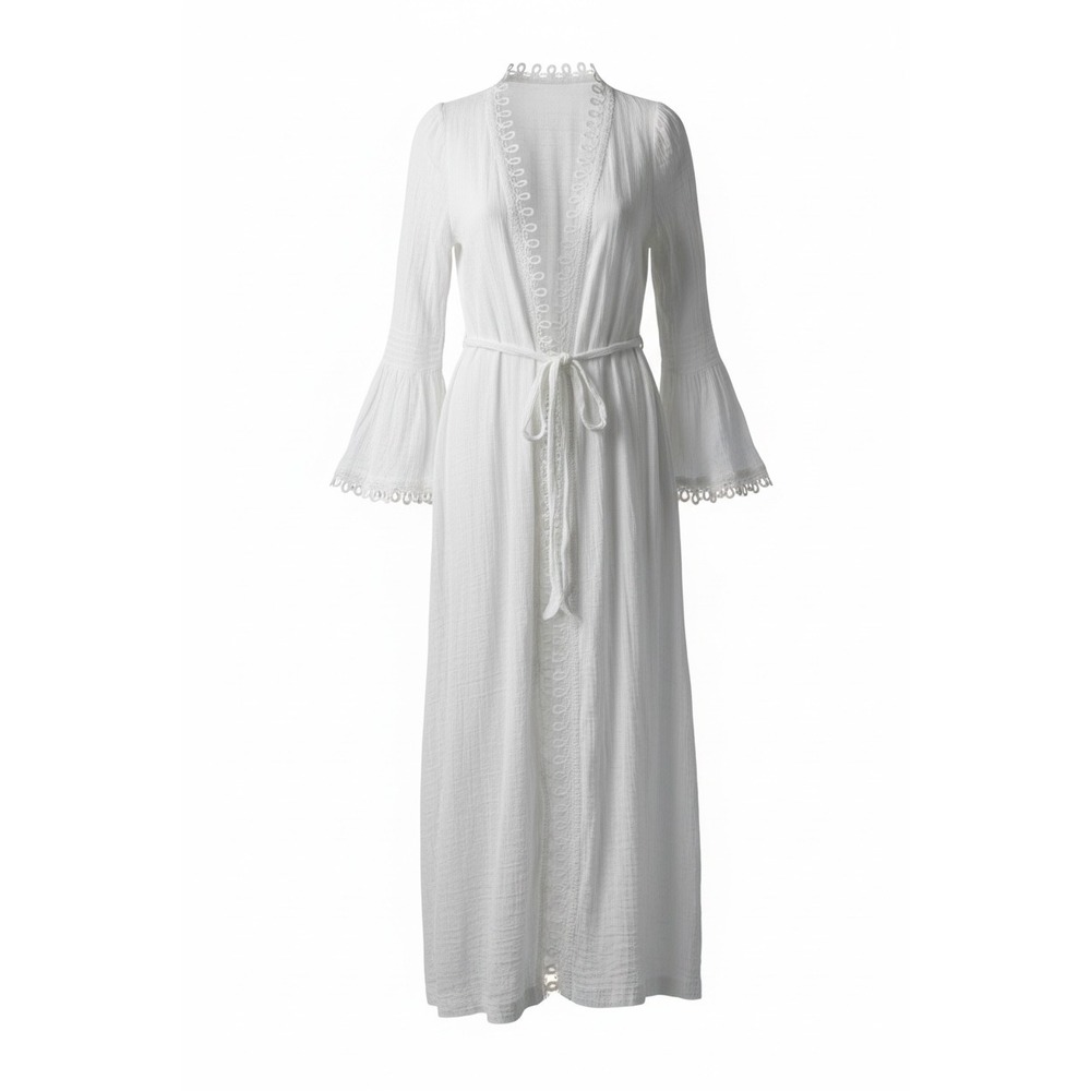 Sporlike White Lace Trim Maxi Swim Cover Up Robe Bell Sleeve Tie Waist Small